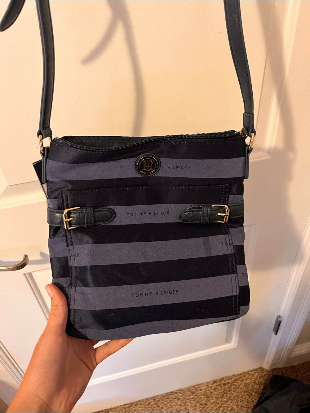 Tommy Hilfiger Navy and Dark Blue Striped Messenger Bag with clutch wallet